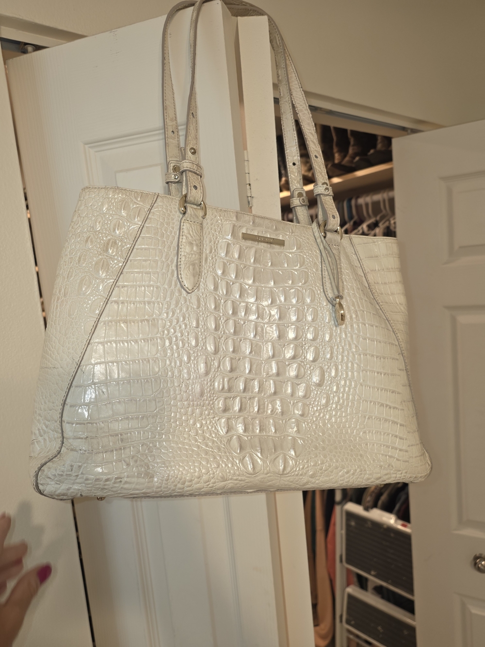 Brahmin Pearl White Croc-Embossed Leather Shoulder Bag